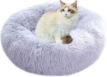 Cat Beds for Indoor Cats, 24 Inch round Donut Washable Cat Bed, Fluffy Calming Self Warming Soft Donut Cuddler Cushion Pet Bed for Dogs and Kittens,Non-Slip