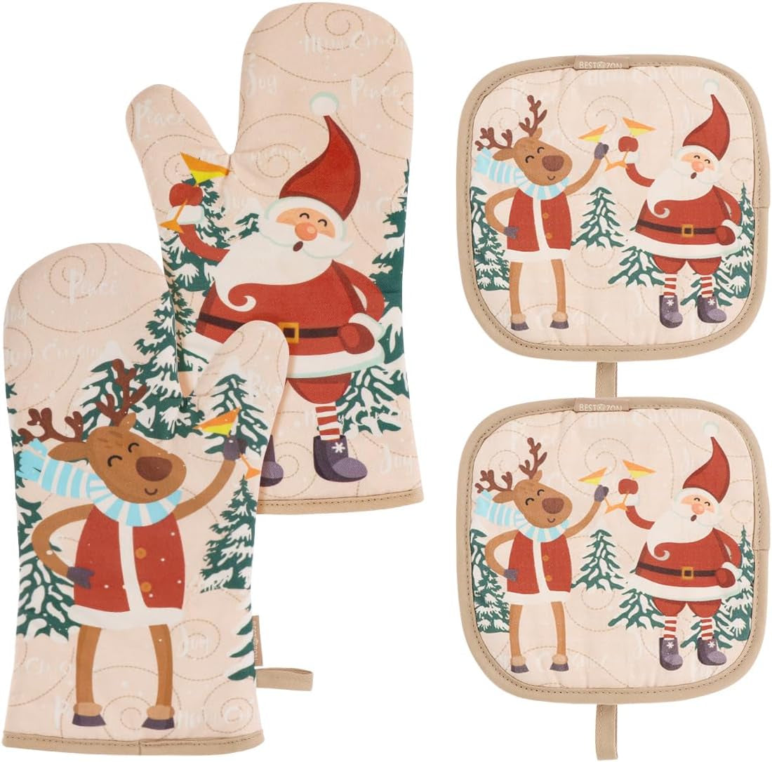 Cute Christmas Oven Mitt, 5PCS Merry Christmas Oven Mitts and Pot Holders Sets, Heat Resistant Oven Gloves and Pot Holders, Oven Mitt & Pot Holder for Christmas Kitchen Cooking Baking