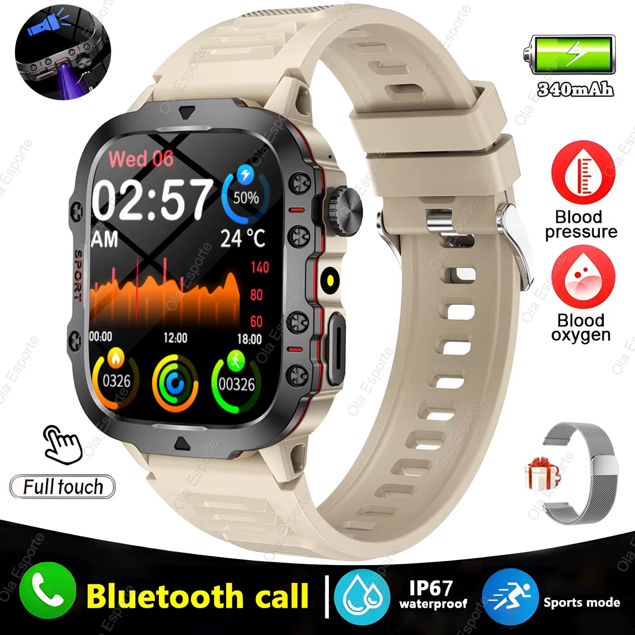 Original Men Smartwatch Flashlight Bluetooth Call Fitness Clock IP68 Waterproof Sports Men for Xiaomi Android Smart Watch 2024