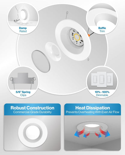 Sunco Retrofit LED Recessed Lighting 6 Inch, Downlight Can Lights for Ceiling, Baffle Trim, 965 LM, 13W (120W Equivalent), 4000K Cool White, Dimmable, Damp Rated UL 4 Pack.