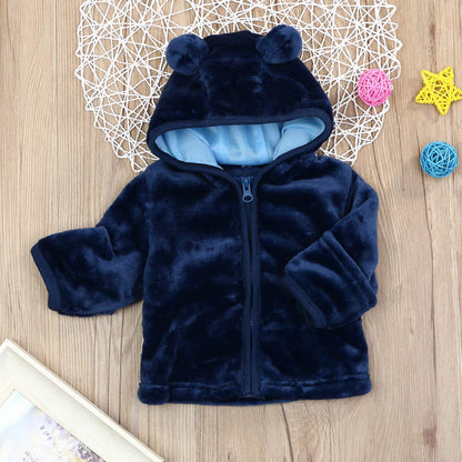 Infant Baby Boys Girls Fleece Ears Hat with Lined Hooded Zipper up Jacket Coat Tops Outwear Overcoat Warm Fall Winte