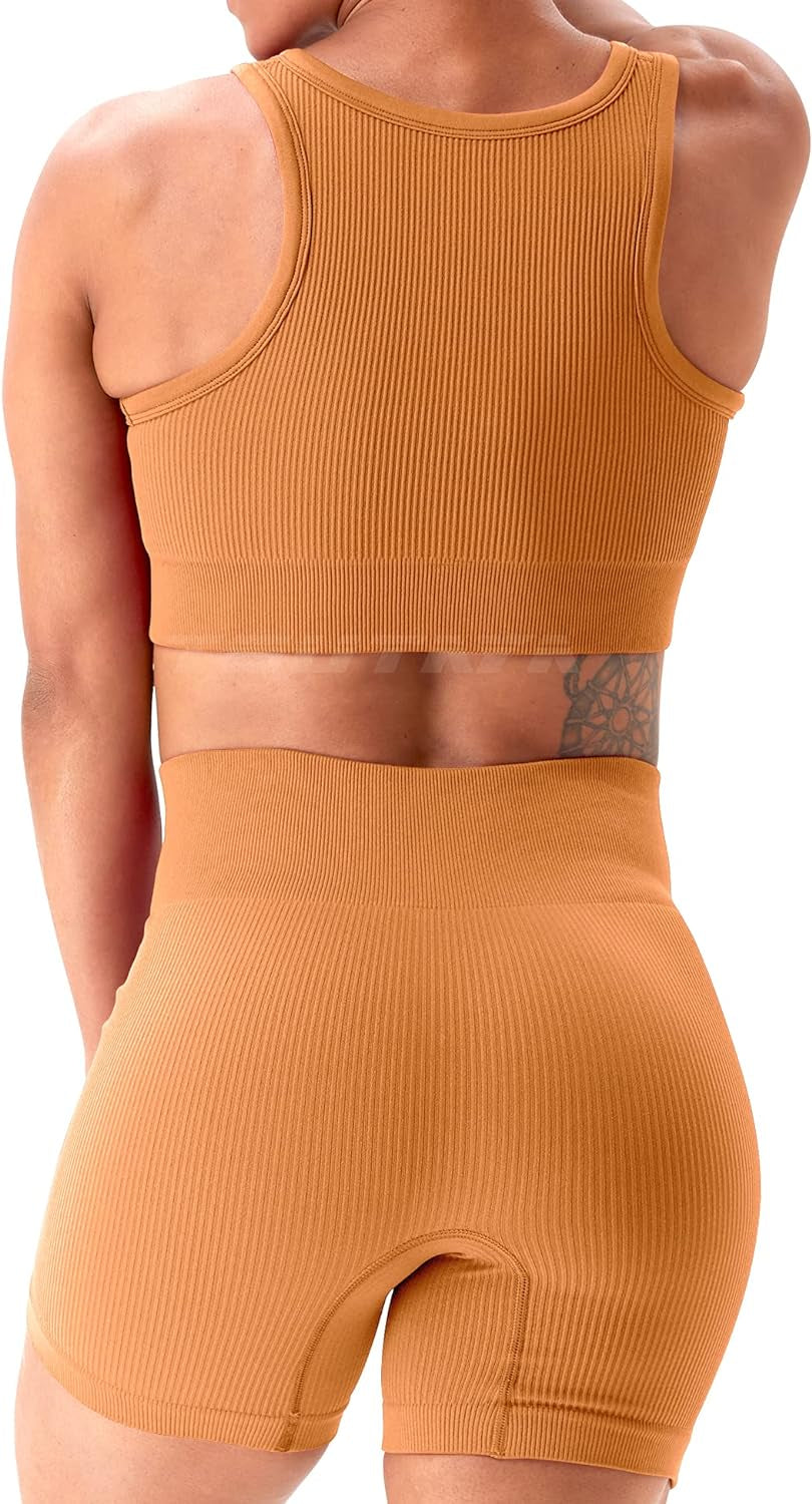 Seamless Workout Sets for Women 2 Piece Biker Shorts Gym Ribbed V Neck Sports Bra Yoga Outfits Orange S