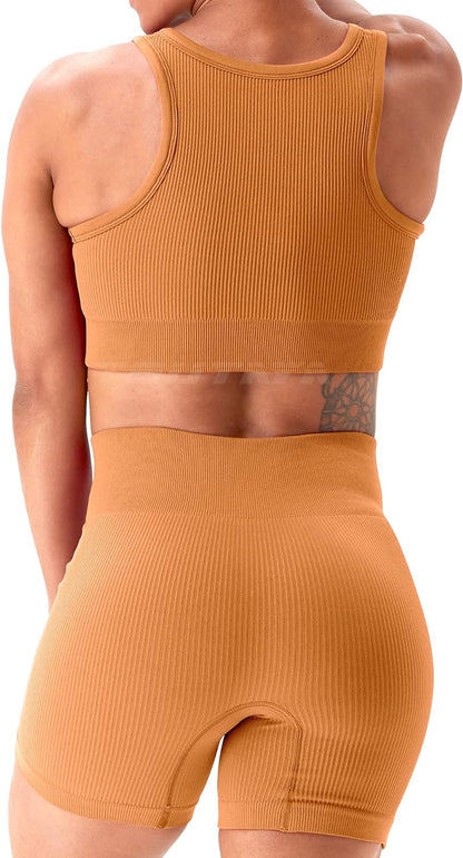 Seamless Workout Sets for Women 2 Piece Biker Shorts Gym Ribbed V Neck Sports Bra Yoga Outfits Orange S