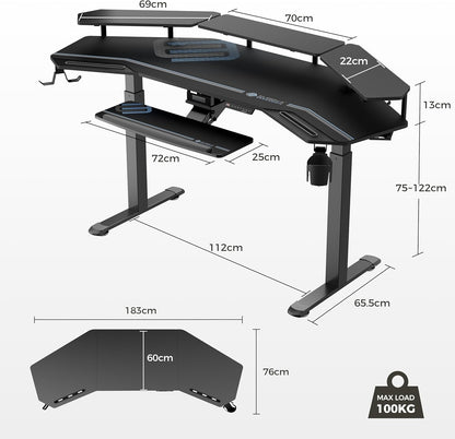 Gaming Desk, Standing Desk W Keyboard Tray, 72" Wing Shaped Music Studio Table with LED Shelves, Gaming Recording Live Stream, Slot Design