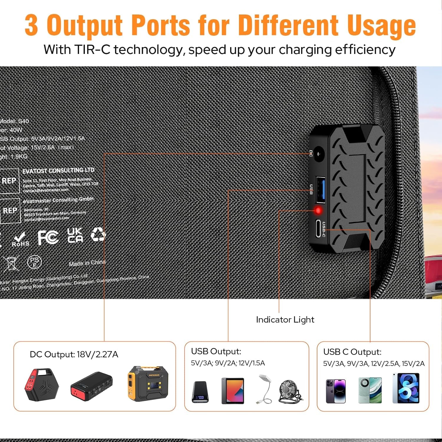 Portable Solar Panel Charger 40W Foldable Solar Panel for Portable Power Station, Iphone, Ipad, Laptop, Camping Solar Panels with USB QC 3.0/USB C/18V DC, Solar Panels for Camping Outdoor Van RV Trip