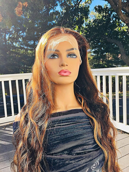 Human Hair Wig 13X4 Transparent Lace Wig Highlight Color Body Wave 26 Inches 180% Density