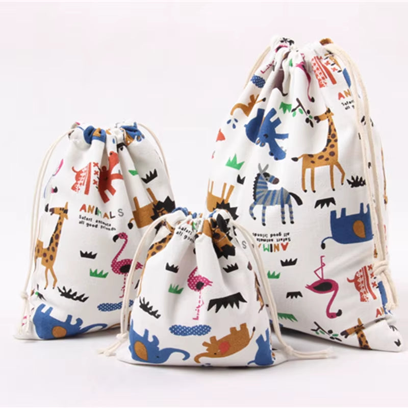 Drawstring Cartoon Animals Printed Storage Bags Organizer Cotton Linen Jewelry Cosmetic Pouchbaby Clothing Kids Toys Candy Bags