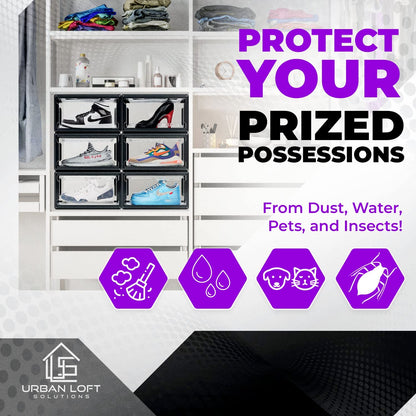 Urban Loft Premium Acrylic Shoe Boxes Stackable,Clear Shoe Organizer for Closet-Pack of 3| Large Sneaker Storage Box | Sneaker Clear Shoe Case for Sneakerheads with Drop Lid Shoe Display Case, Black