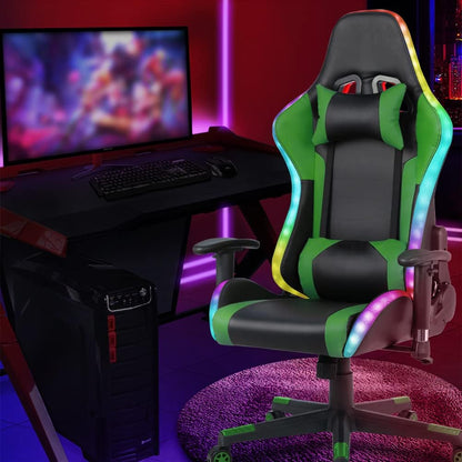 Gaming Chair with RGB LED Lights and Speakers,Video Game Chair, Swivel Racing Office Reclining Chair with Headrest & Lumbar Support, PU Leather High Back Computer Chair, Green