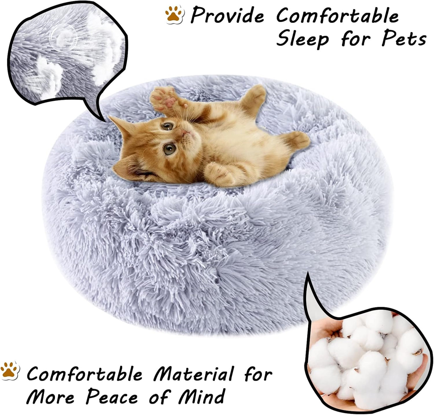 Cat Beds for Indoor Cats, 24 Inch round Donut Washable Cat Bed, Fluffy Calming Self Warming Soft Donut Cuddler Cushion Pet Bed for Dogs and Kittens,Non-Slip