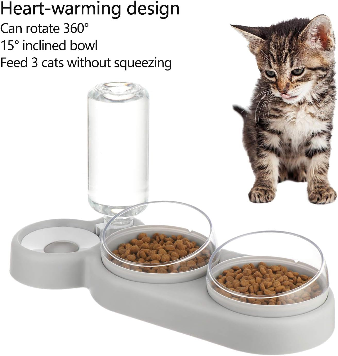 Triple Dog Cat Bowls Automatic Pet Feeder 15°Tilt and 360°Rotatable Double Food Bowl with Automatic Water Bottle Bowl Detachable Small and Medium Dogs and Cats Use (Grey)