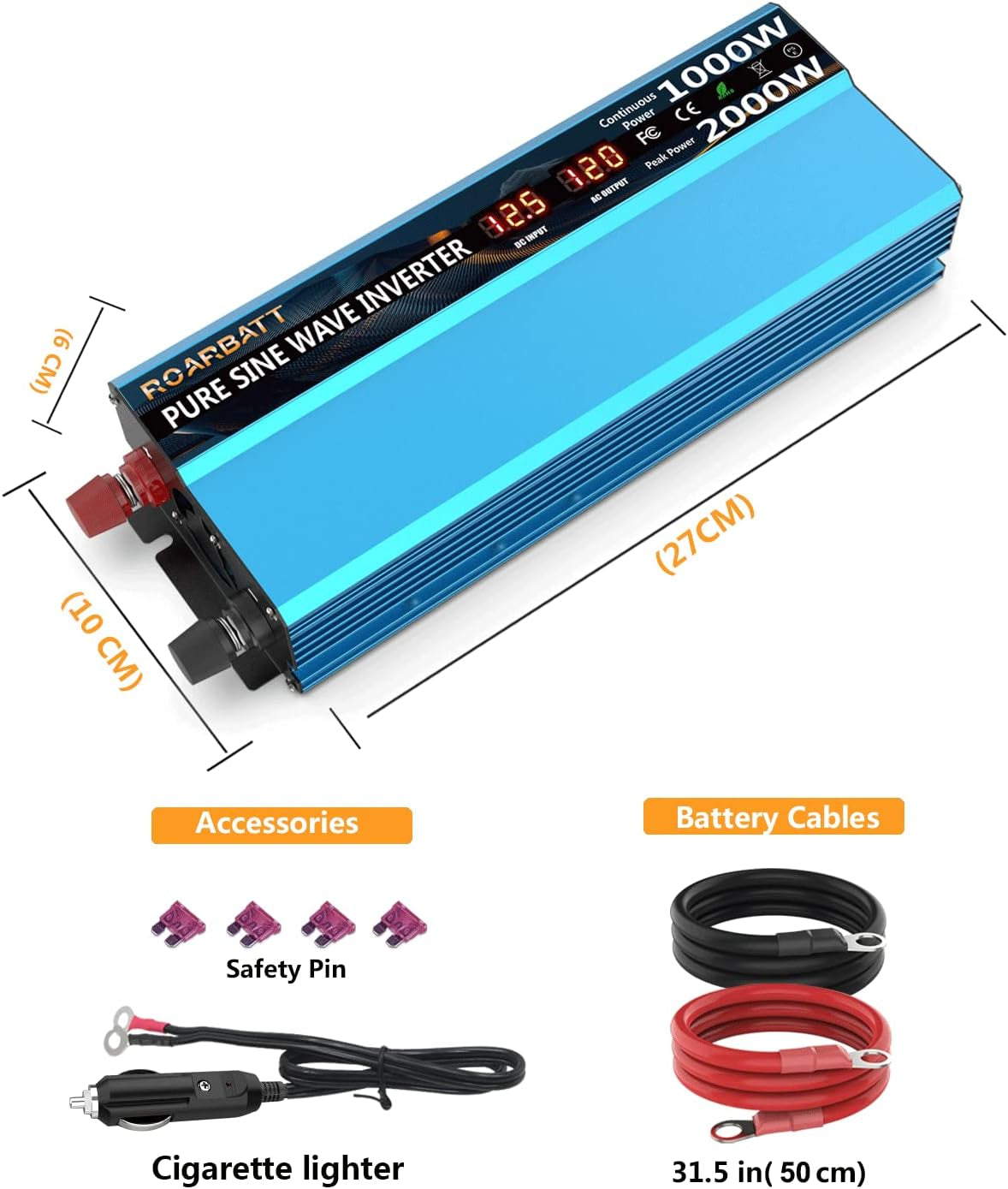 Power Inverters Pure Sine Wave 1000 Watt 12V DC to 110V/120V AC Converter 2 AC Outlets Car Inverter with 3.4A USB Port Cooling Fans and LCD Display