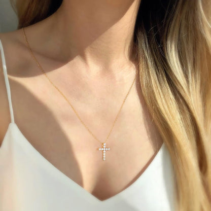 Gold CZ Cross Necklace for Women, 14K Gold Plated Sterling Silver Cross Necklaces Gold Cross Necklaces for Women Cross Pendant Necklaces for Women Gold Jewelry