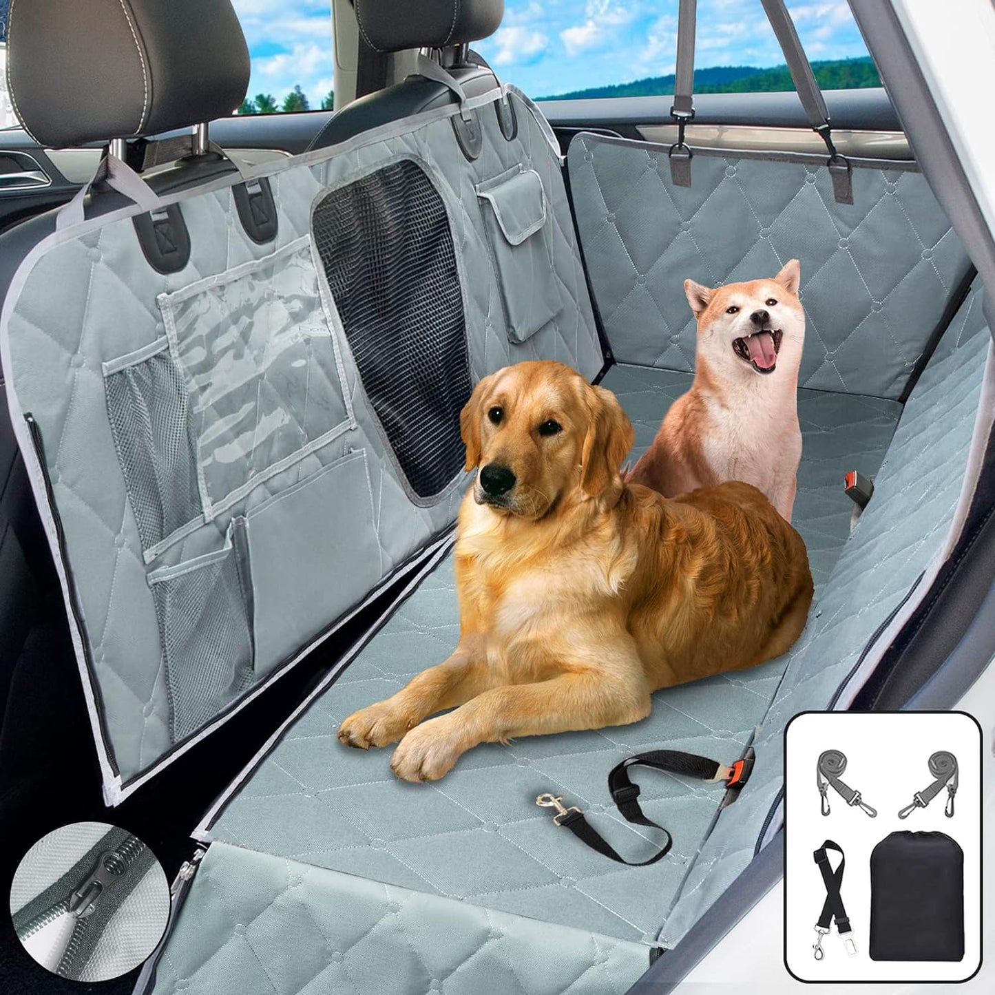 Car Seat Covers Backseat - Dog Hammock - Car Seat Cover for Back Seat SUV with Mesh Window Multiple Pockets Zipper Flap Nonslip Rubber Back Washable Material