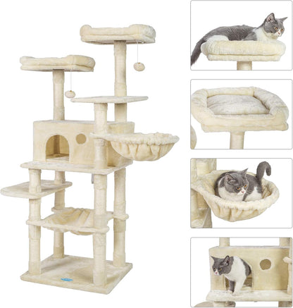 Cat Tree for Large Cats, Cat Tower with Scratching Posts, 2 Padded Plush Perches, Big Condo and Cozy Basket, Beige MPJ025M