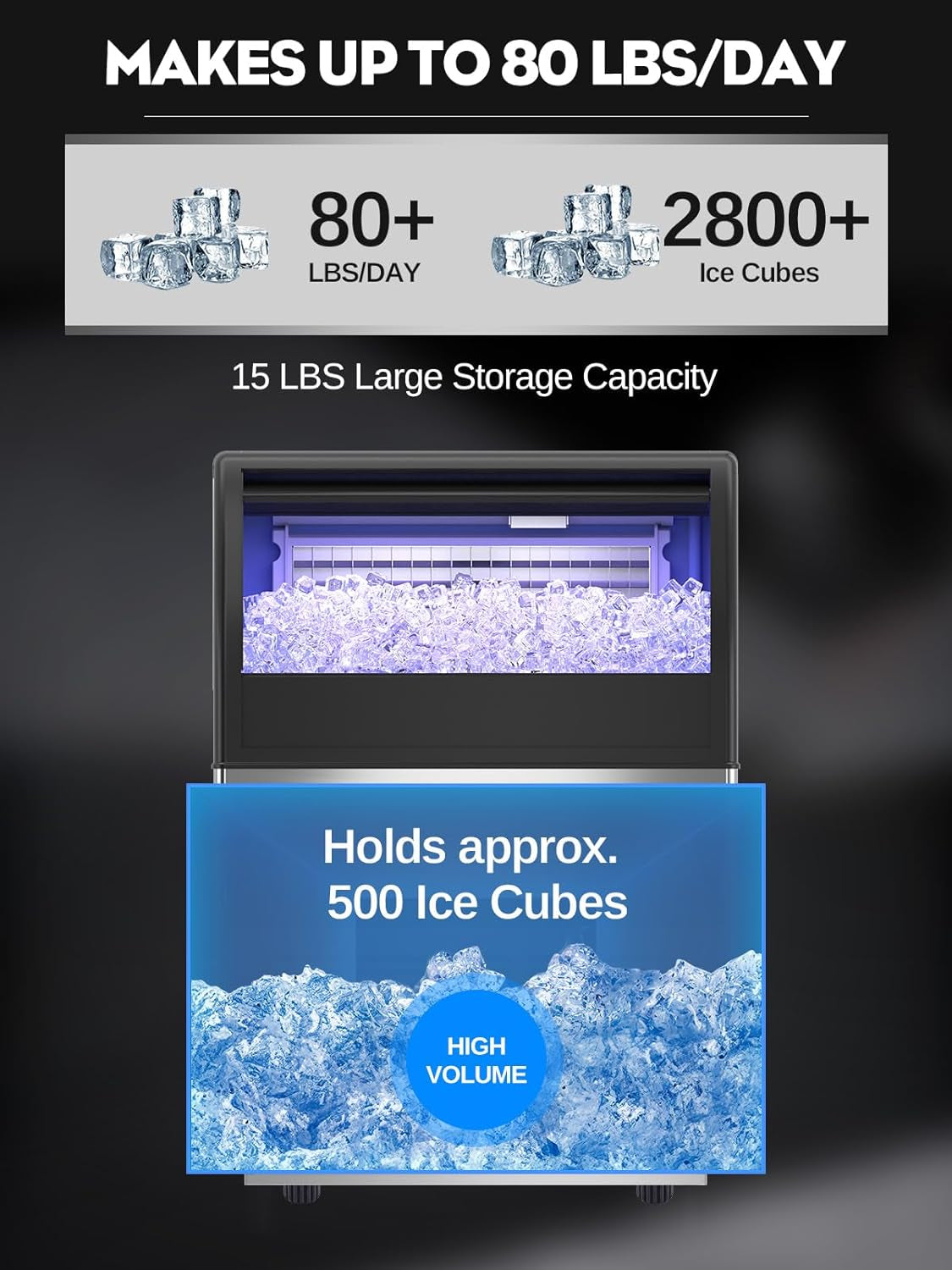 ETL Commercial Ice Machine- 80Lbs/24H, Fast Ice Maker Machine, under Counter Stainless Steel Freestanding Ice Maker with Big Storage Capacity, LED Display - Ideal for Bar Home Restaurant