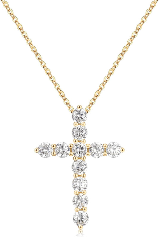 Gold CZ Cross Necklace for Women, 14K Gold Plated Sterling Silver Cross Necklaces Gold Cross Necklaces for Women Cross Pendant Necklaces for Women Gold Jewelry