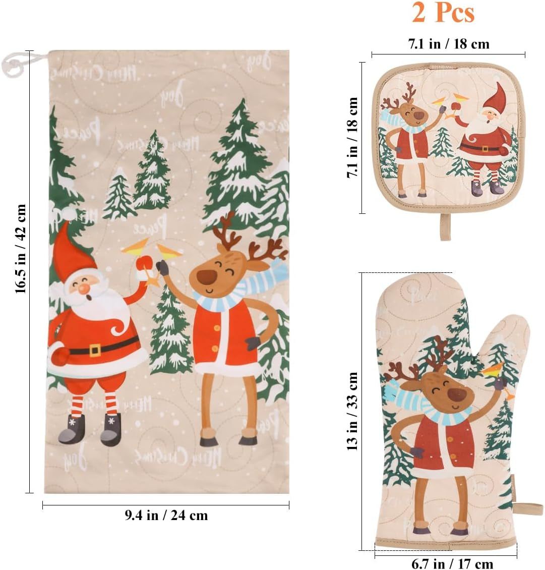 Cute Christmas Oven Mitt, 5PCS Merry Christmas Oven Mitts and Pot Holders Sets, Heat Resistant Oven Gloves and Pot Holders, Oven Mitt & Pot Holder for Christmas Kitchen Cooking Baking