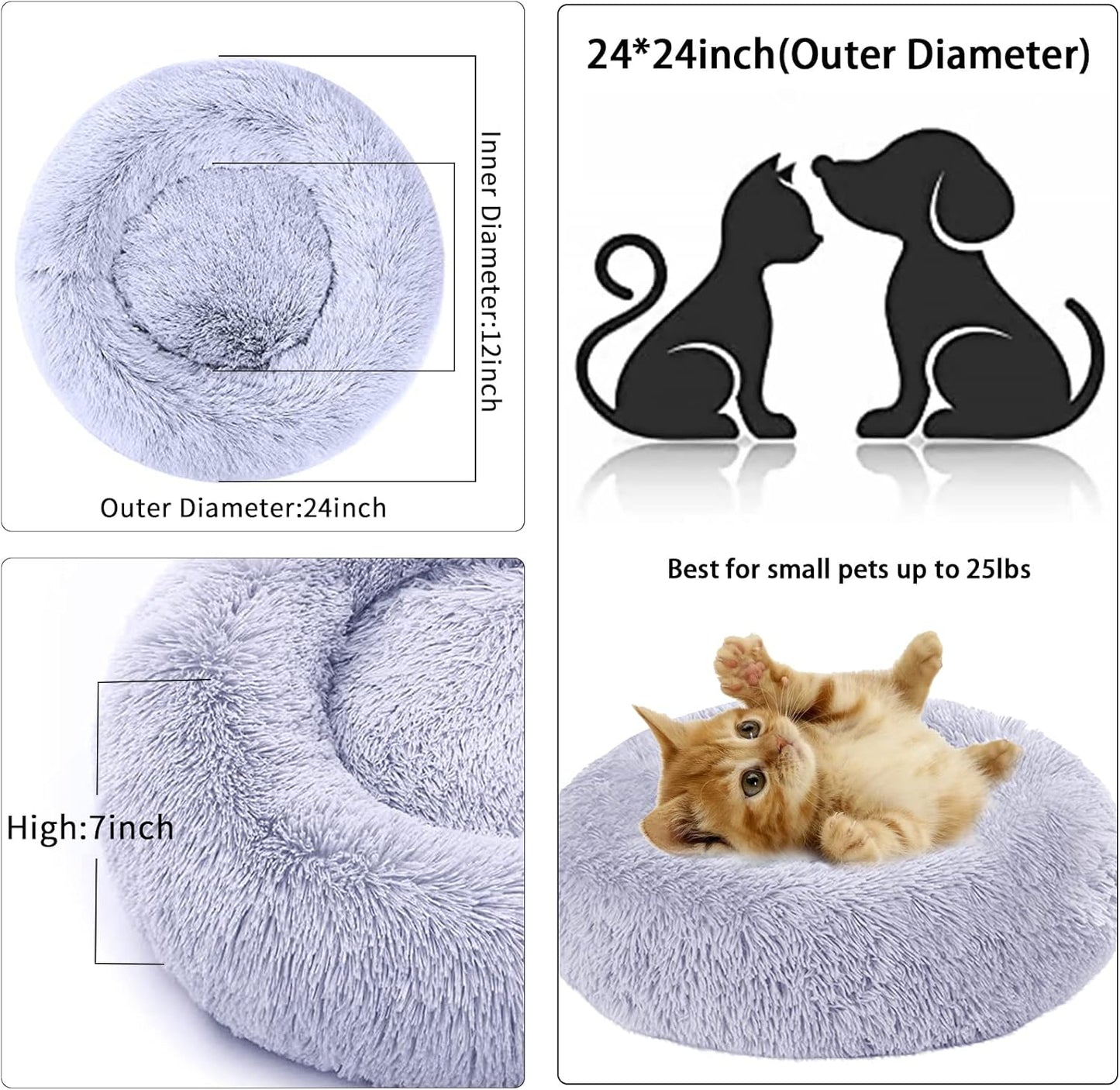 Cat Beds for Indoor Cats, 24 Inch round Donut Washable Cat Bed, Fluffy Calming Self Warming Soft Donut Cuddler Cushion Pet Bed for Dogs and Kittens,Non-Slip