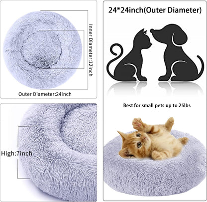 Cat Beds for Indoor Cats, 24 Inch round Donut Washable Cat Bed, Fluffy Calming Self Warming Soft Donut Cuddler Cushion Pet Bed for Dogs and Kittens,Non-Slip