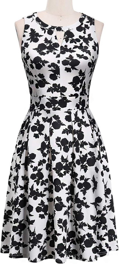 Summer Dresses for Women with Pockets Elegant Retro 50S Pleated V Keyhole Sleeveless Holiday Party Dance Wedding Guest Dress (S, Sp81-White Black Flo)