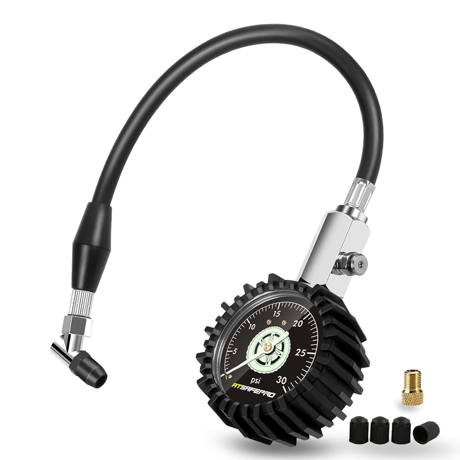 Low Pressure Tire Gauge to 30PSI, 2.5” Mechanical Tire Gauge with Flexible Hose and Angled Chuck, Analog Air Pressure Gauge Glow in the Dark for ATV, off Road, Lawn Mower Etc