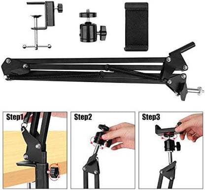 Overhead Video Stand Phone Holder Articulating Arm Phone Mount Table Top  Scissor Boom Arm Articulating Phone Stand Tablet Phone Holder for Streaming Phone Baking Crafting
