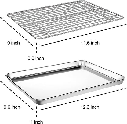 Baking Sheet with Cooling Rack Set [2 Sheets + 2 Racks],  12 Inch Stainless Steel Baking Pans Tray Cookie Sheet with Wire Rack for Oven, Non Toxic, Heavy Duty & Dishwasher Safe- 4 Packs